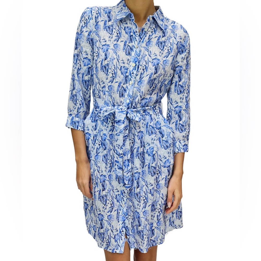 120% LINO Cruise White and blue print  Linen  Dress NWOT